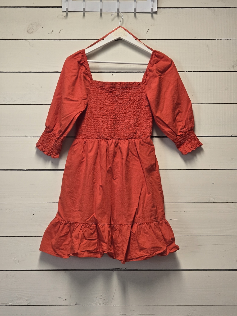 Women’s Red Long Sleeve Smocked Bodice Dress